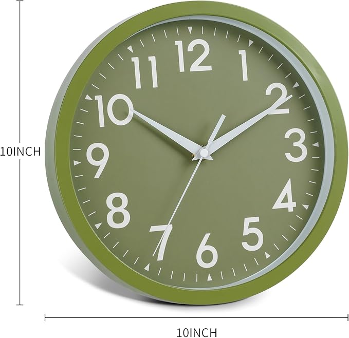 DAXSMY Wall Clock Analog 10 Inch Simple Silent Non Ticking Battery Operated Modern Decorative for Kitchen Office Bedroom Bathroom Living Room(Olive Green)