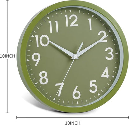DAXSMY Wall Clock Analog 10 Inch Simple Silent Non Ticking Battery Operated Modern Decorative for Kitchen Office Bedroom Bathroom Living Room(Olive Green)