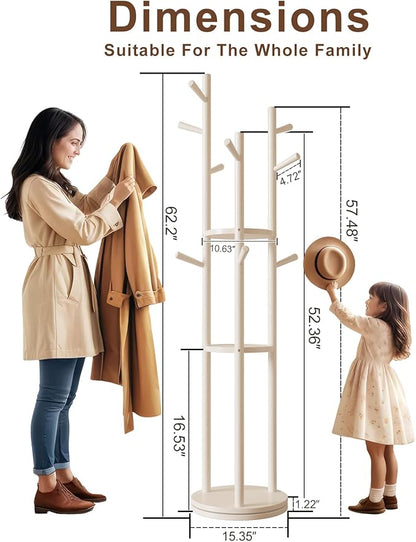 Muwuele Solid Wood Rotary Coat Rack, Freestanding Coat Rack with 3 Shelves and 9 Hooks, Coat tree for Bedroom, Entryway, Livingroom, Coat Hanger Stand for Coats, Scarves, Handbags (White)