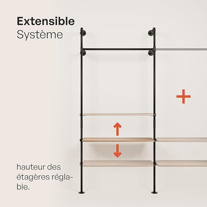 pamo Industrial Pipe Clothing Rack with Shelf – Wall Mounted Black Closet System in Powder-Coated Steel – 116.54" W × 87.4" H – Easy Setup – Ideal for Walk-In Closets & Retail Use