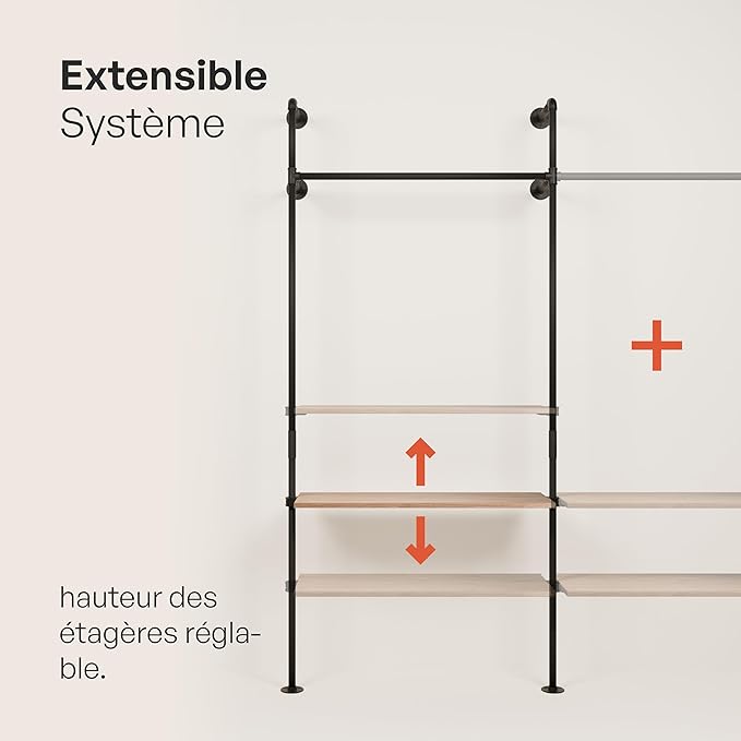 pamo Industrial Pipe Clothing Rack with Shelf – Wall Mounted Black Closet System in Powder-Coated Steel – 79.13" W × 87.4" H – Easy Setup – Ideal for Walk-In Closets & Retail Use