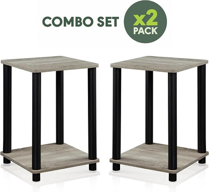 Furinno Turn-N-Tube Toolless Assembly Side Table Set of 2, Stackable 2-Tier Grey End Table with Open Shelf, Night Stand, Bedside Table, for Living Room, Bedroom, Grey Oak