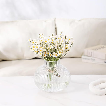 Round Glass Vase, Flower Vases for Bouquet, Ribbed Glass Vases for Flowers, Small Clear Vase for Living Room, Office, Coffee Table, Shelf, Wedding, 6 Inches