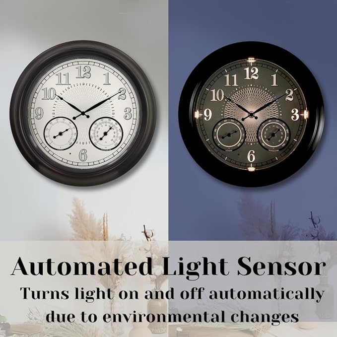 Illuminated Large Outdoor Clock - 18 inch Indoor Outdoor Night Light Wall Clock with Smart LED Sensor, Temperature and Humidity Combo - Weatherproof & Easy to Read for Pool, Patio & Home Decor