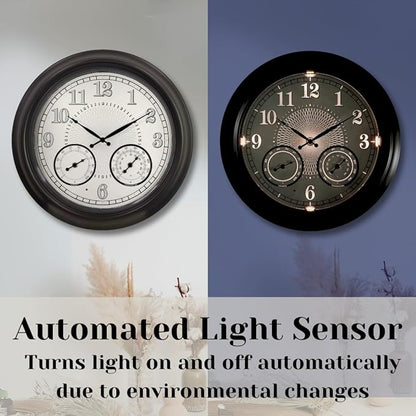 Illuminated Large Outdoor Clock - 18 inch Indoor Outdoor Night Light Wall Clock with Smart LED Sensor, Temperature and Humidity Combo - Weatherproof & Easy to Read for Pool, Patio & Home Decor