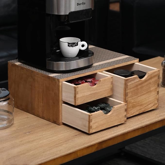 DDYURI Capsules Coffee Storage Drawer for Pod K-cup Holder - Counter Organizer for Kitchen Utensil Storage - Wood Desktop Coffee Brewer Accessories Stand CF2D3C-LT