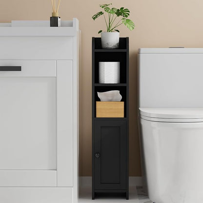 Homhedy Small Bathroom Storage Corner Floor Cabinet with Door and Shelves, Beside The Toilet Paper Stand for Skinny, Narrow Toilet Paper Cabinet, 7.9" D x 7.1" W x 31" H, Black