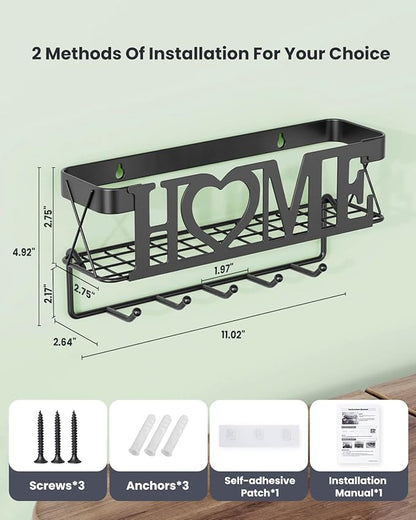 Key Holder for Wall - Key Rack with 5 Key Hooks, 11.02" L×2.75" W×4.92" H, Key and Mail Organizer Wall Mount with Mesh Basket, Key Hanger for Wall, Entryway, Home Decor(Matte Black)