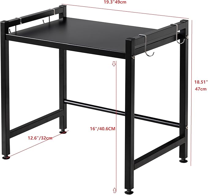 Storage Shelving Unit,2 Tier Microwave Stand with 4 Hooks for Kitchen Garage Pantry Closet Laundry Countertop Organizer (Black),Shelving Unit Bookshelf Utility Shelf,Metal Shelves for Storage.