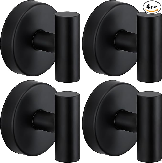 Suction Cup Hooks for Shower - Bathroom Reusable Hooks for Towels, Robes & Loofah - No-Drill Mounting on Kitchen, Walls, Metal, Glass, Mirrors, Tile & Smooth Non-Porous Surfaces Matte Black 4 Pack