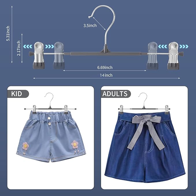 10PACK 14Inch Pants Hangers with Clips Adjustable Skirt Hangers for Women Metal Non-Slip Trousers Hanger Heavy Duty Space Saving Clothes Hanger for Shorts,Jeans,Gray