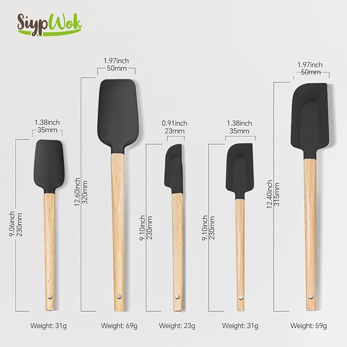 5 Pcs Silicone Spatula Set,Food Grade Silicone Spatula Nonstick Rubber Spatulas with Wooden Ergonomic Grip,Spoonula,Jar Scraper for Cooking,Baking,Mixing,Frosting-Heat Resistant Up to 428°F(Black)