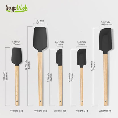 5 Pcs Silicone Spatula Set,Food Grade Silicone Spatula Nonstick Rubber Spatulas with Wooden Ergonomic Grip,Spoonula,Jar Scraper for Cooking,Baking,Mixing,Frosting-Heat Resistant Up to 428°F(Black)