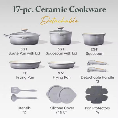 CAROTE 17Pcs Titanium Cookware Set, Pots and Pans Set Non Stick, Kitchen Cooking Set with Detachable Handle, Non Toxic Induction Cookware, Dishwasher/Oven Safe