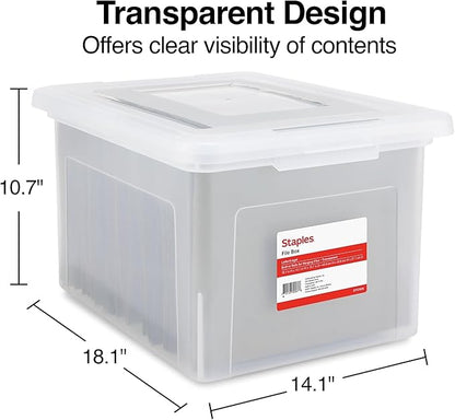 STAPLES Hanging File Folder Box, Storage Bin Organizer, Snap Lid, Letter & Legal Size Documents, Clear