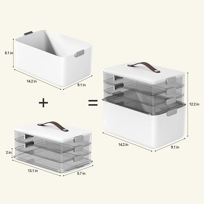 MOPALL 4-Tier Medicine Organizer Storage Box, Portable Latch Bin with Lid and Leather Handle, Cabinet Closet Organization for Home Office, Pill Bottle, First Aid, Sewing, Art, Craft
