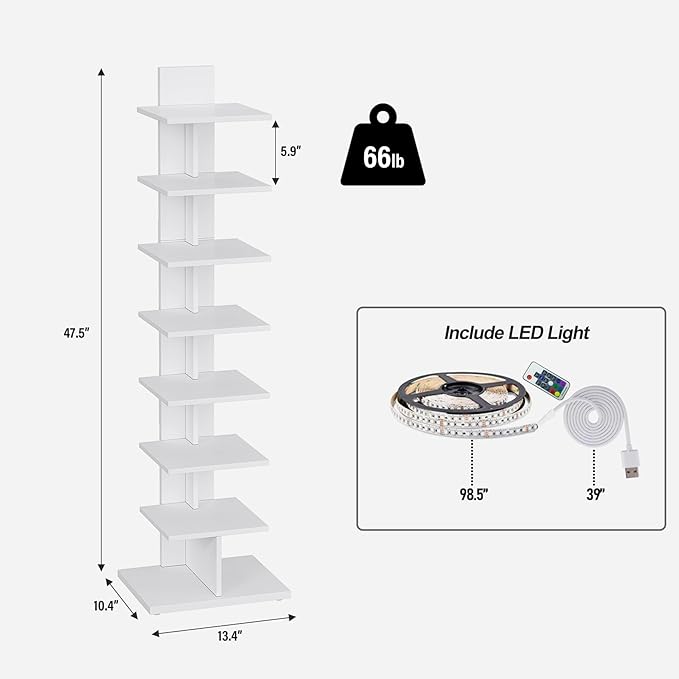 TUTOTAK Narrow Bookshelf, 8-Tier Bookcase with LED Lights, Spine Book Shelf for Small Space, Corner Standing Shelf for Living Room, Office, Study, Entryway, White BS06BW008L