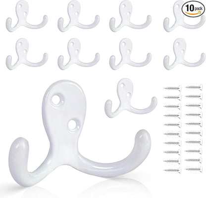 10 Pack Coat Hooks Wall Hooks for Hanging, Heavy Duty Double Prong Metal Hook Wall Mounted for Living Room, Bathroom, Kitchen, Bedroom for Coat, Bag, Scarf, Towel, Hat, Key, Cup (White)