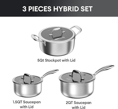 COOKER KING Stainless Steel 6 Pcs Pots Set, 1.5 & 2QT Saucepan and 5-Quart Pots with Lids, Non Stick, Non Toxic, Stay-Cool Handles, Induction, Oven, Dishwasher Safe