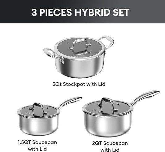 COOKER KING Stainless Steel 6 Pcs Pots Set, 1.5 & 2QT Saucepan and 5-Quart Pots with Lids, Non Stick, Non Toxic, Stay-Cool Handles, Induction, Oven, Dishwasher Safe