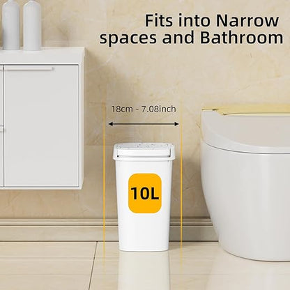3 Pack Bathroom Small Trash Can with Lid, 2.6 Gallon Slim Garbage Bin with Pop-Up Lid, 10L Plastic Wastebasket for Bedroom, Office, Kitchen, Toilet (White)