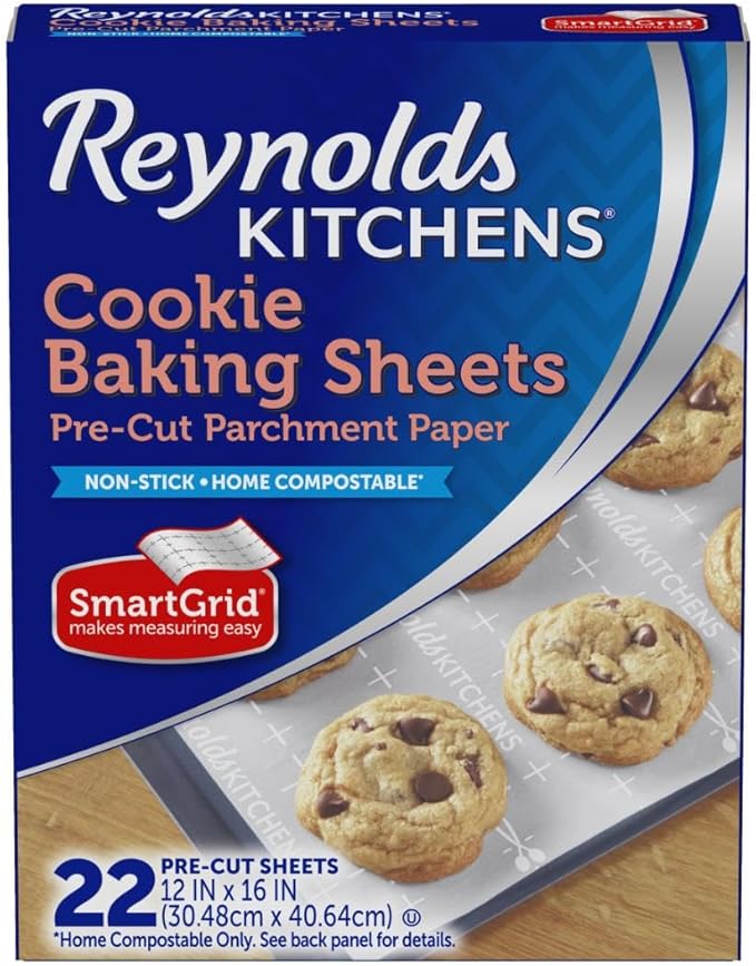 Reynolds Kitchens Cookie Baking Sheets, Pre-Cut Baking Parchment Paper Sheets for Cookies, Oven-Safe up to 425 Degrees, Reusable Up to 3X, No-Mess Cleanup, 12 in x 16 in, 22 Count