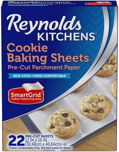 Reynolds Kitchens Cookie Baking Sheets, Pre-Cut Baking Parchment Paper Sheets for Cookies, Oven-Safe up to 425 Degrees, Reusable Up to 3X, No-Mess Cleanup, 12 in x 16 in, 22 Count