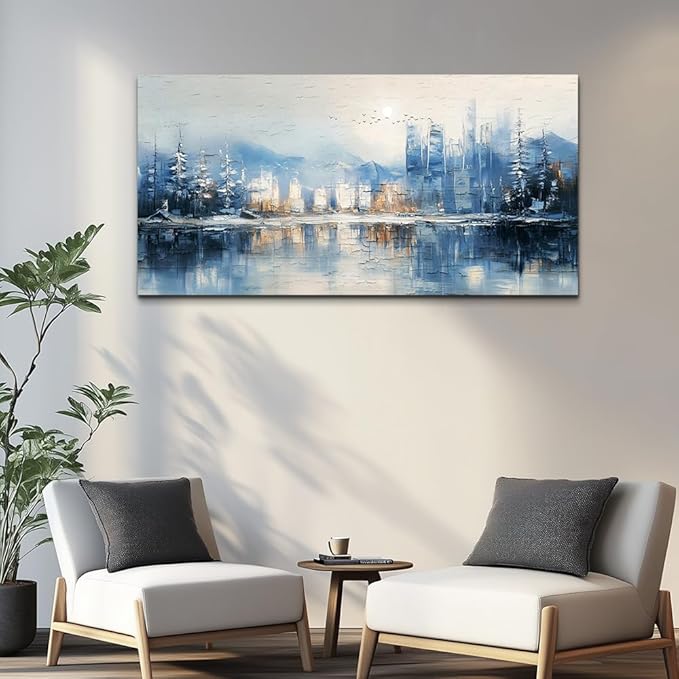 QIYILEXWART Large Wall Decor For Living Room Stretched And Framed Canvas Wall Art For Office Wall Decoration For Bedroom The Blue Lake Painting Abstract Watercolour Picture Home Decor Ready To Hang