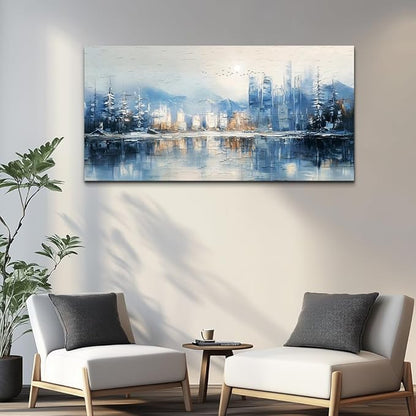 QIYILEXWART Large Wall Decor For Living Room Stretched And Framed Canvas Wall Art For Office Wall Decoration For Bedroom The Blue Lake Painting Abstract Watercolour Picture Home Decor Ready To Hang