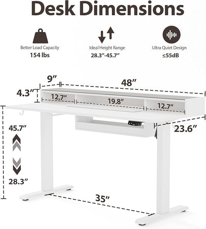 Agilestic Glass Standing Desk with Storage, 48 Inch Electric Adjustable Desk with Glass Shelf and Cable Management, Sit Stand Up Home Office Computer Table, Splice Board, White
