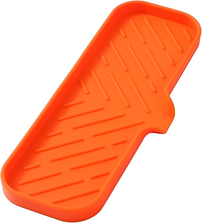 MicoYang Silicone Soap Dish with Drain Spout — Self-Draining Double Sink Organizer Tray for Kitchen & Bathroom, Dispensers, Sponges & Soap Holder, Non-Slip & Dishwasher Safe, Orange (Large, 12"×4")