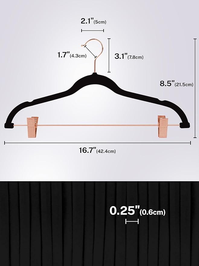 HOUSE DAY Velvet Pants Hangers with Clips 24 Pack, Ultra Thin Non Slip Velvet Skirt Hangers with Rose Gold Hooks Space Saving Clothes Hanger for Trouser, Skirts, Jeans, Dress, Coats (Black)