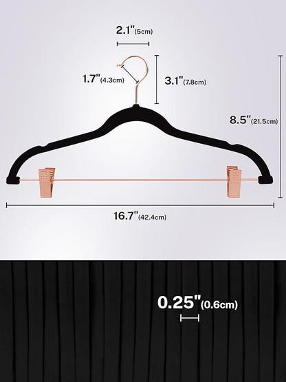 HOUSE DAY Velvet Pants Hangers with Clips 24 Pack, Ultra Thin Non Slip Velvet Skirt Hangers with Rose Gold Hooks Space Saving Clothes Hanger for Trouser, Skirts, Jeans, Dress, Coats (Black)