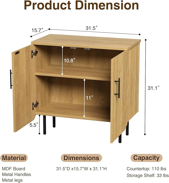 Sideboard Buffet Set of 2, Storage Cabinet with 2 Doors, Adjustable Shelf, Fluted Accent Cabinet for Living Room, Modern,Natural