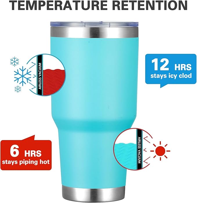 MEWAY 30oz Insulated Tumbler With Lids and Straws,Stainless Steel Double Vacuum Coffee Tumbler Cup, Brush, Durable Powder Coated Coffee Cup for Cold & Hot Drinks, Office, Travel(Light Blue,4 PACK)