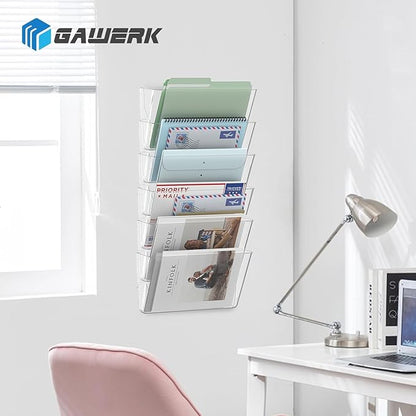 Clear Acrylic Single Pocket, Plastic Hanging Wall Mount File Holder for Office Home (Clear, 6 Pack)