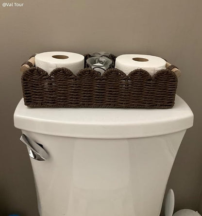 CubesLand Paper Rope Scalloped Edge Shelves Storage Basket, Woven Toilet Paper Baskets for Over Toilet Storage Shelf, Ending Table, Floating Shelves Organizing or Home Décor, with Wood Handle, Brown
