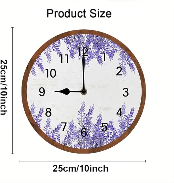 Lavender Wall Clock 10 Inch Silent Non Ticking Battery Operated Wooden Modern Office Simple Minimalist Clock Decorative for Kitchen Home Bathroom Living Room
