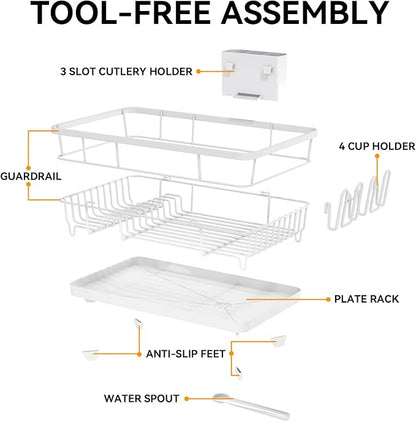 TOOLF Dish Drying Rack, Dish Racks for Kitchen Counter, Stainless Steel Sink Organization and Storage Essentials with Cutlery Holder, Dish Drainer, Home and Appartment Decor, 12.4''W x 16.5''L, White