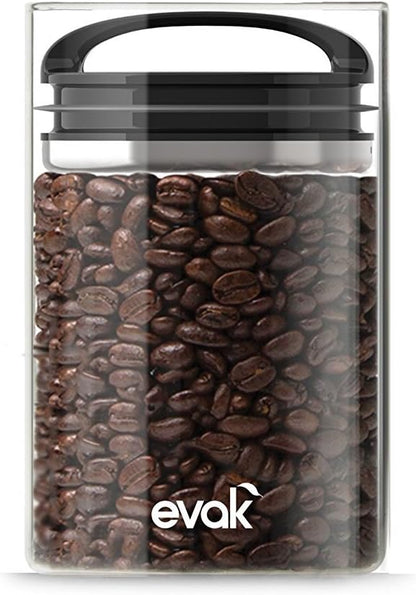 Prepara Evak Compact Airtight Glass Storage Canister, Medium (6” x 3.75", 24oz) – Borosilicate Glass Container Vacuum Seal Lid & Black Handle, Odor & BPA-Free, Ideal for Coffee, Tea, Pantry Dry Goods