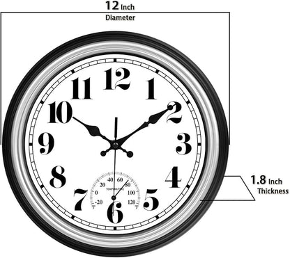 JENLYSTIME 12 Inch Indoor/Outdoor Retro Waterproof Wall Clock with Thermometer Silent Round Quartz Battery Operated Easy to Read Decorative for Kitchen Patio,Bathroom,Deck,Porch,Pool(Silver)