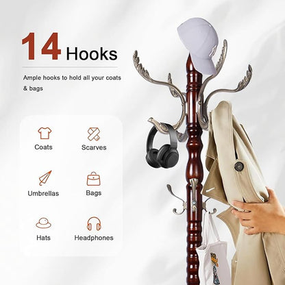 Wooden Coat rack freestanding, Coat racks stand with 14 Hook, Heavy duty coat tree standing 3 Adjustable Heights for Bedroom, Entryway, Hallway, Office,Stury Base (Metal Phoenix Hook)