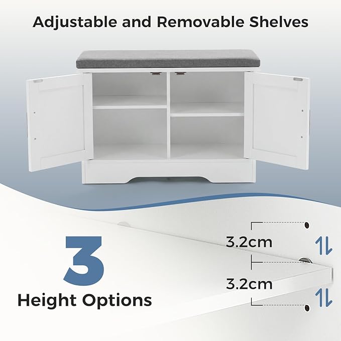 DUMOS Shoe Storage Bench, 28" Wide Shoe Organizer Cabinet with Padded Seat Cushion, 2 Doors, Adjustable Shelf for Entryway, Hallway, Bedroom, Living Room, White