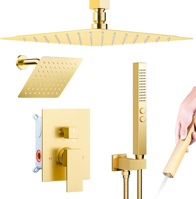Shower System Brushed Gold Shower Faucet Set,Five Functions Knob Diverter Rainfall Shower Faucet with 2 in 1 Handheld,10'' Ceiling Mount and 6'' Wall Mount Rainfall Shower System