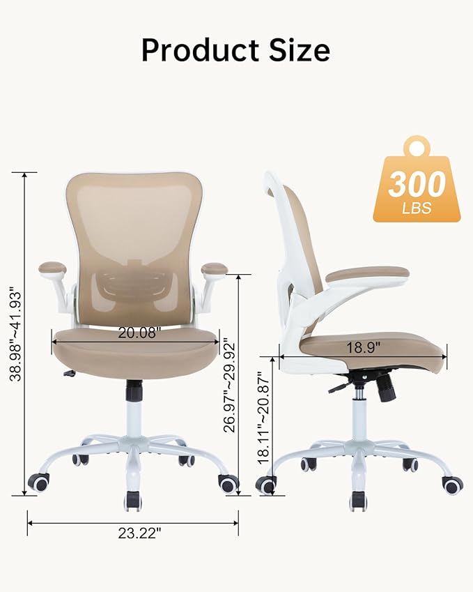 Ergonomic Office Chair,PU Leather Swivel Desk Chair with Lumbar Support,Adjustable Height Executive Task Chair with Flip-Up Armrests,Comfy Coumputer Chair for Home Office(Khaki)
