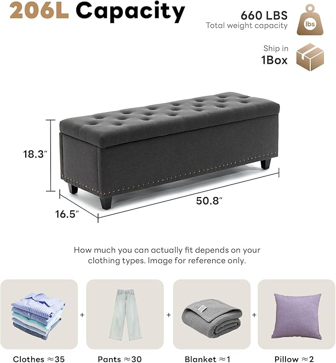 Tbfit 50.8“ Large Ottoman Storage Bench for Bedroom, Oversized Tufted Upholstered Entryway Benches End of Bed, Rectangle Dorm Foot Stool with Safety Hinge & Solid Wood Legs, Loads 660 lb, Gray