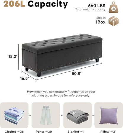 Tbfit 50.8“ Large Ottoman Storage Bench for Bedroom, Oversized Tufted Upholstered Entryway Benches End of Bed, Rectangle Dorm Foot Stool with Safety Hinge & Solid Wood Legs, Loads 660 lb, Gray