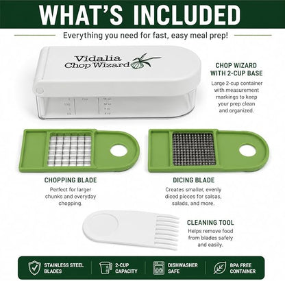 Vidalia Chop Wizard Vegetable Chopper – Original As Seen On TV Food Dicer with 2 Stainless Steel Blades, Large 2-Cup Container, Cleaning Tool, Dishwasher Safe Onion & Vegetable and Fruit Cutter