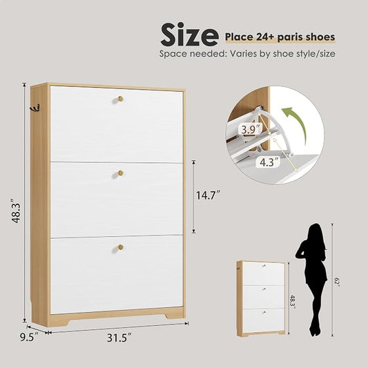 Nicetree Shoe Cabinet with 3 Flip Drawers，Freestanding Shoe Storage Cabinet, Narrow Shoe Organizer Cabinet, Farmhouse Slim Shoe Rack Cabinet for Entryway, Natural Oak and White with Hook