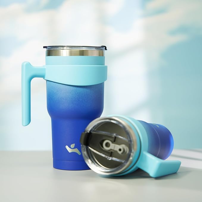 20 oz Tumbler with Handle and 2 Straw 2 Lid, Insulated Water Bottle Stainless Steel Vacuum Cup Reusable Travel Mug,Sky